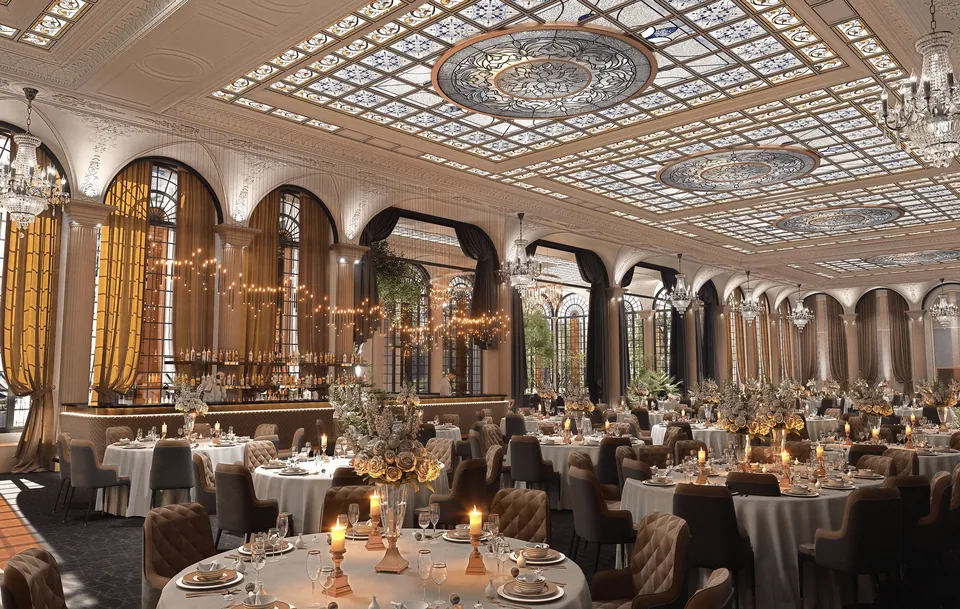Salonul Palazzo cu candelabre din cristal și tavan ornat